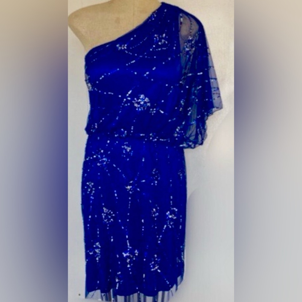 Adrianna Papell Royal Blue beaded one shoulder